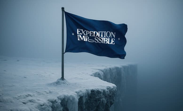 Blue flag with white text 'Expedition Impossible' on snowy cliff edge.