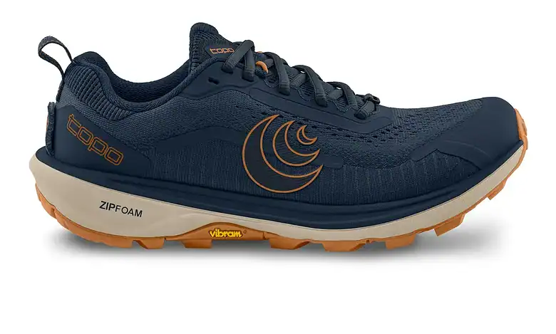 Men's trail running shoe with Vibram sole and breathable mesh upper.