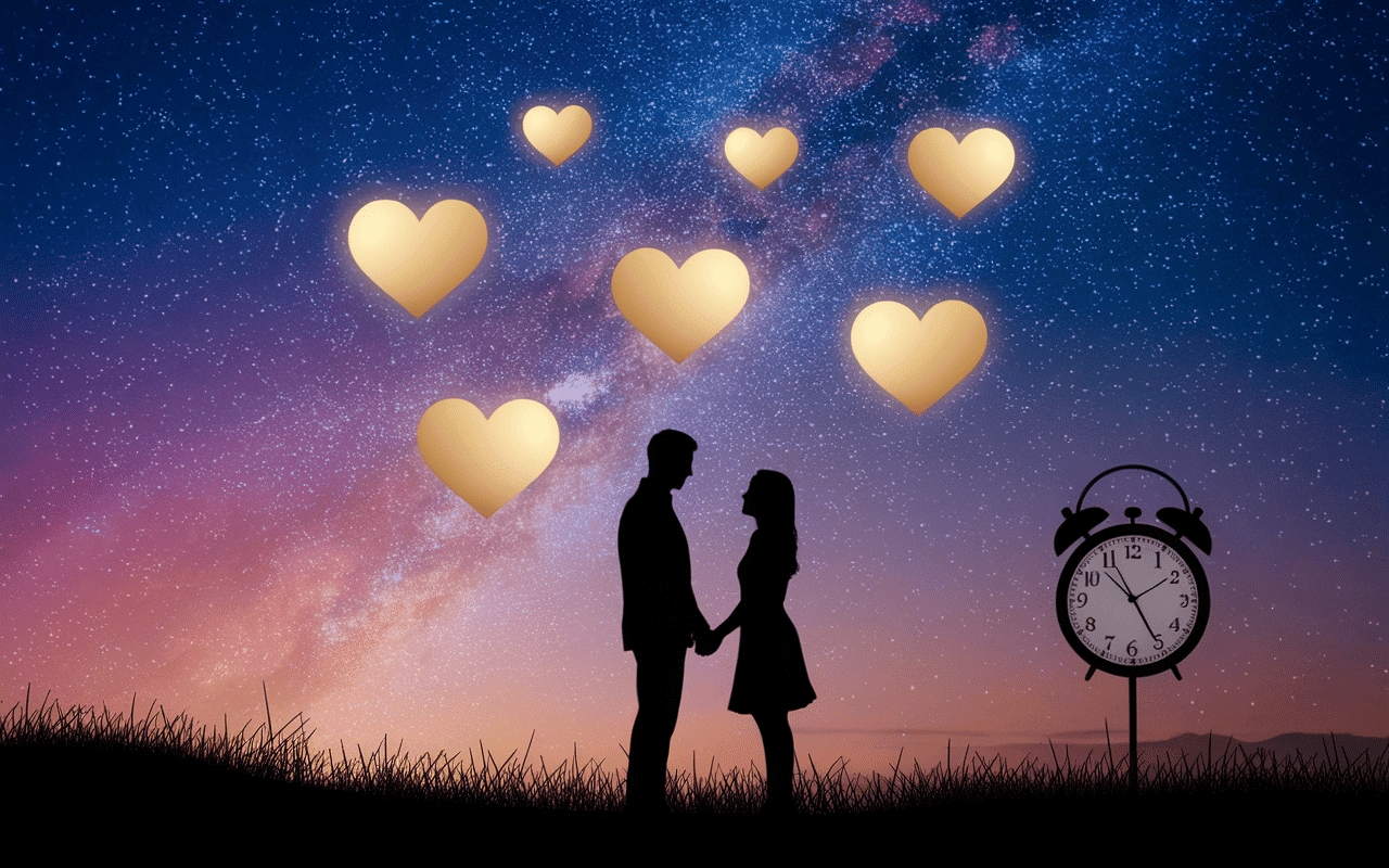 Couple sous ciel étoilé illustrant 00h22 signification amour