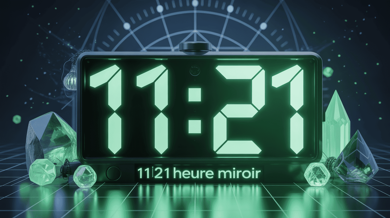 Horloge digitale 11h21 entourée de symboles mystiques