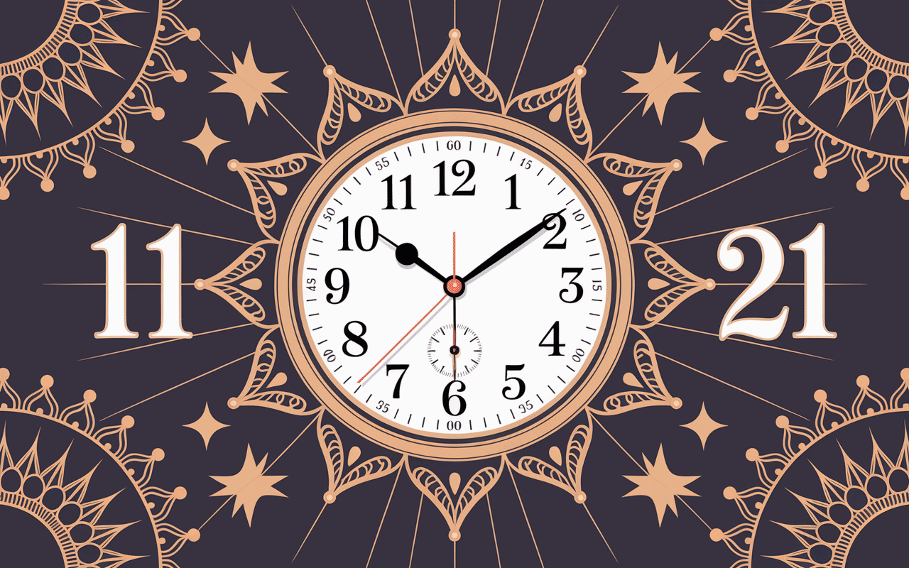 Horloge analogique à 11h21 avec symboles spirituels
