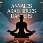 Annales akashiques danger, silhouette en méditation atmosphère mystérieuse