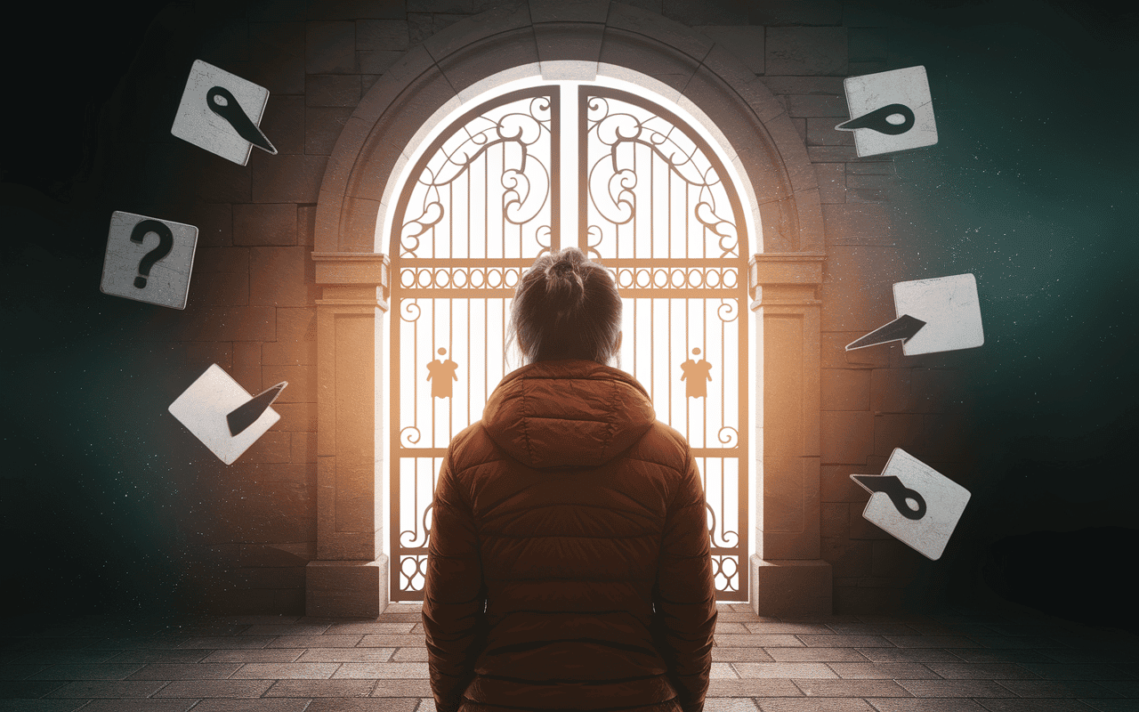 Annales akashiques danger, personne hésitante devant un portail lumineux