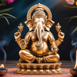 Ganapati statue dorée entourée de fleurs et encens