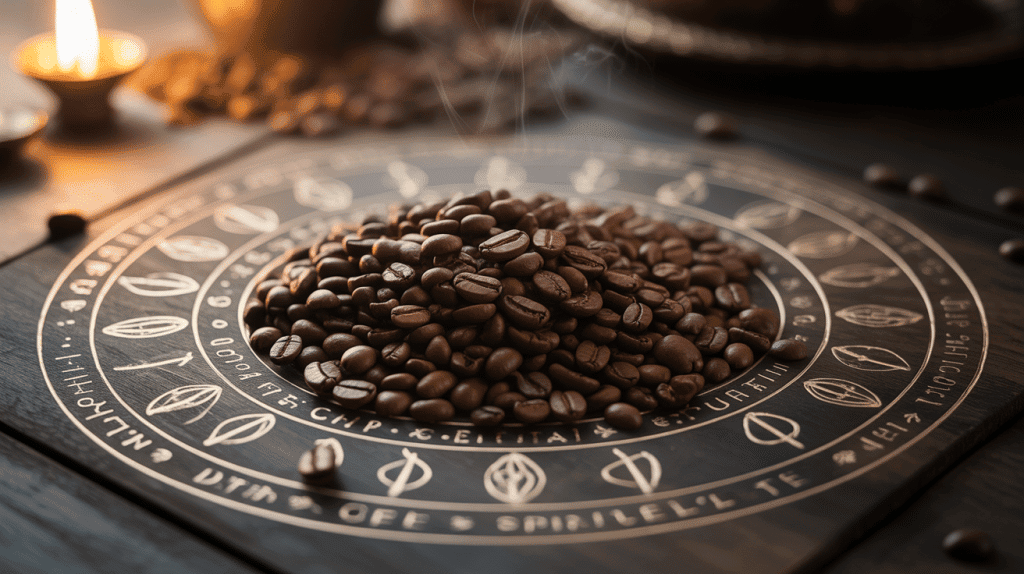 grain de café : signification spirituelle sur bois avec symboles