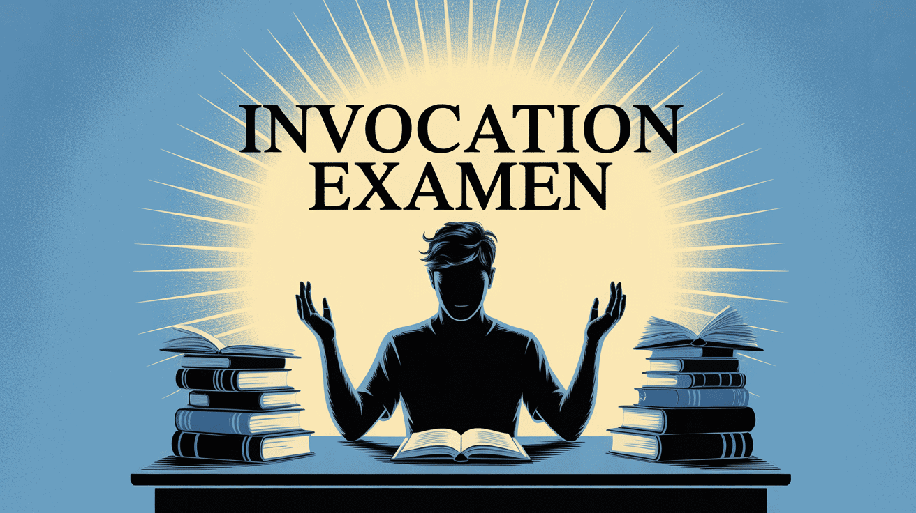 étudiant priant bureau livres ouverture aura dorée invocation examen