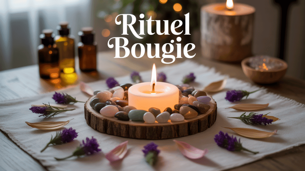 Rituel bougie sur table, cercle pierres, huiles essentielles