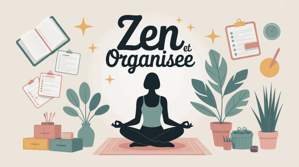 Femme zen et organisée en méditation entourée d'outils d'organisation