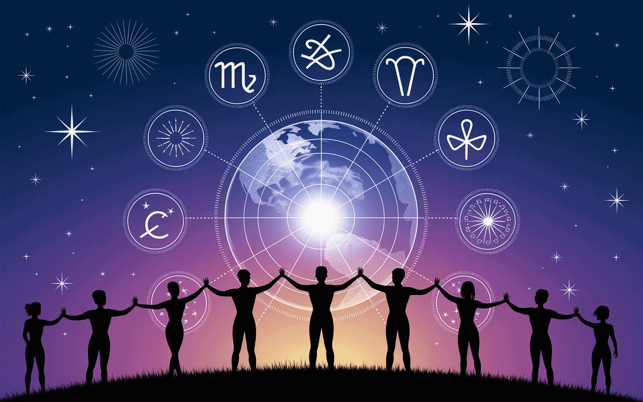 L'ère du verseau silhouettes humaines globe astrologie