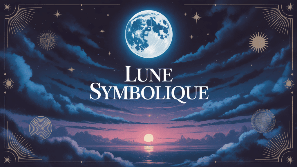 Illustration lune symbolique argentée et symboles anciens