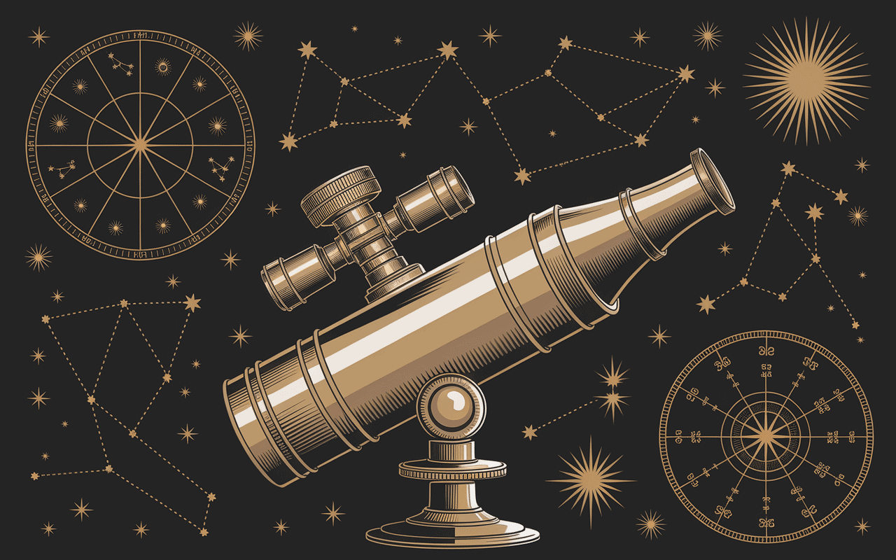 Télescope vintage astrologie roue zodiacale ere du verseau