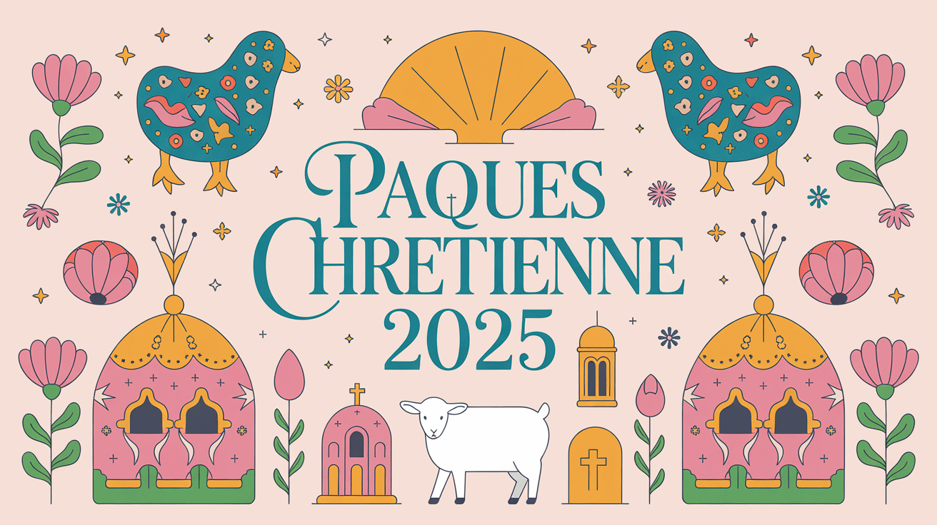 Illustration œufs agneau cloches fleurs paques chretienne 2025