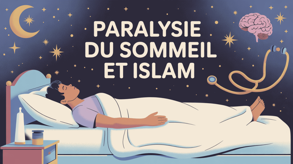 Illustration paralysie du sommeil islam avec symboles spirituels et médicaux