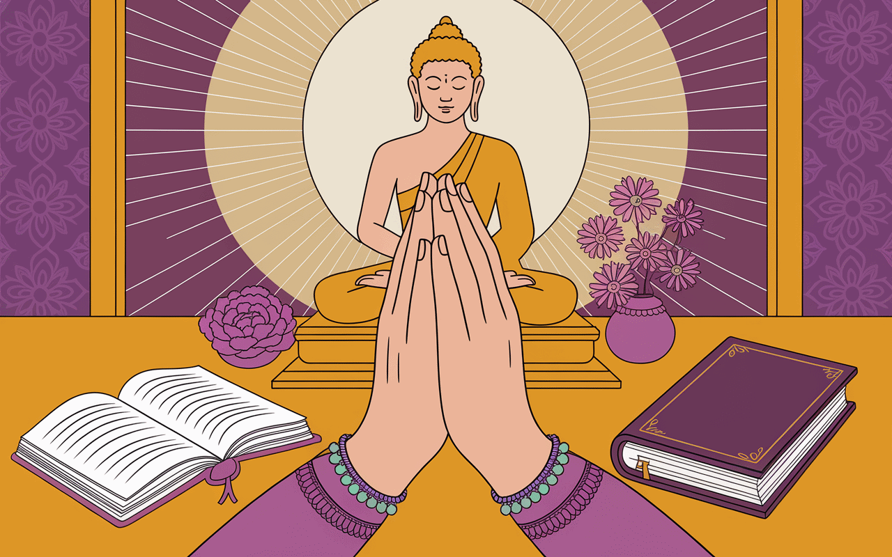 Prières bouddhistes autel bougie mains