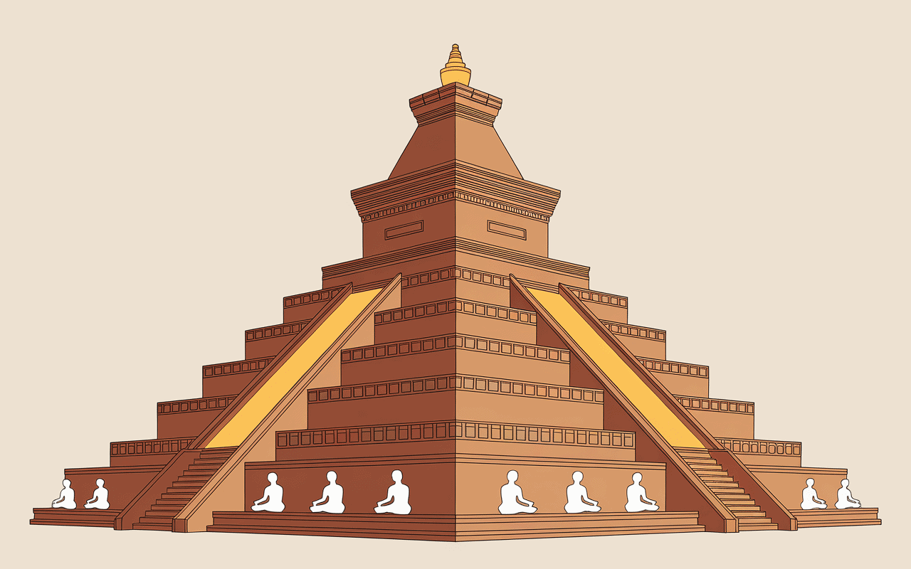 coupe transversale stupa ancien et moines