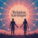 Illustration relation karmique deux silhouettes reliées fils lumineux