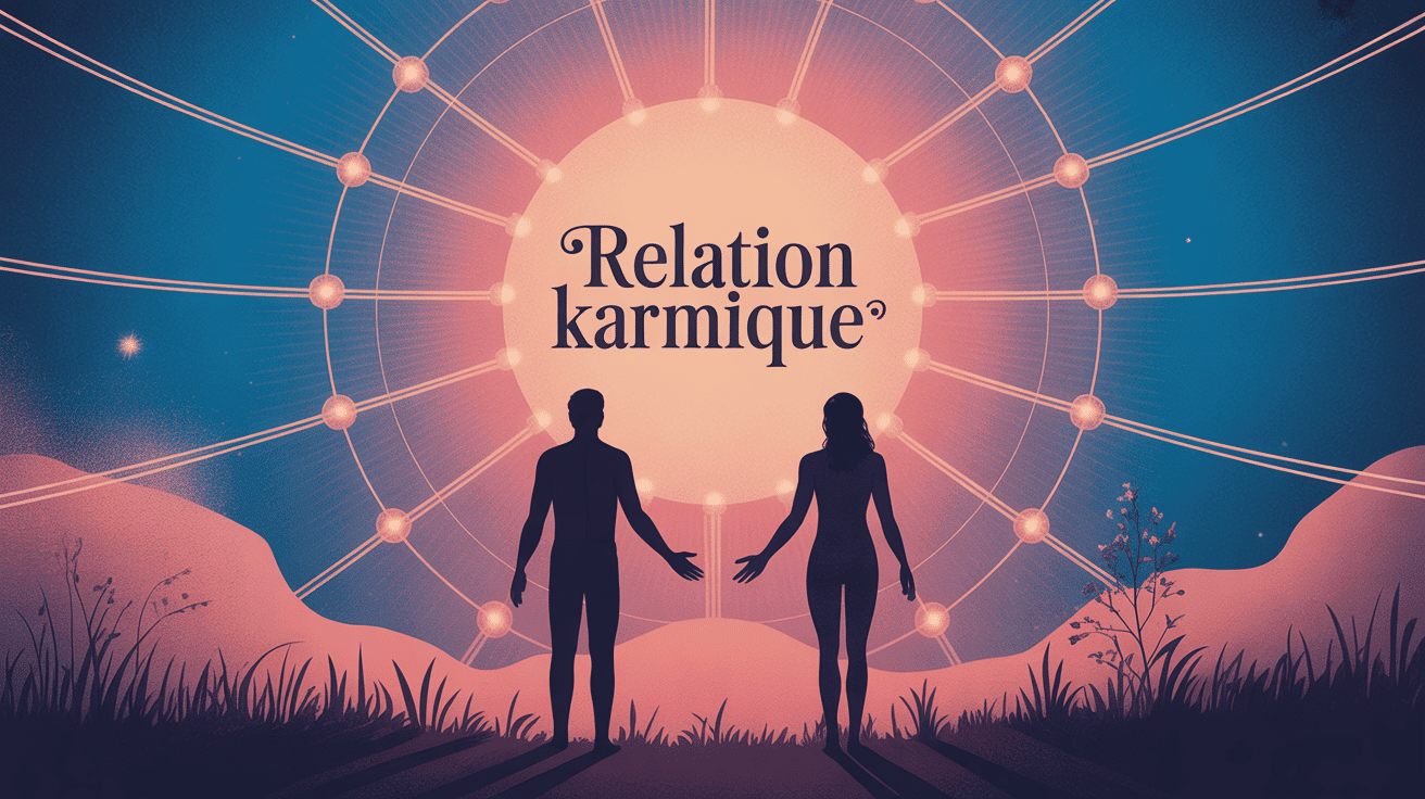 Illustration relation karmique deux silhouettes reliées fils lumineux