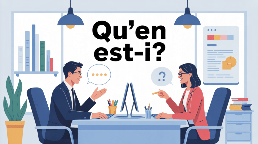 illustration qu'en est il, deux personnes discutent en bureau moderne