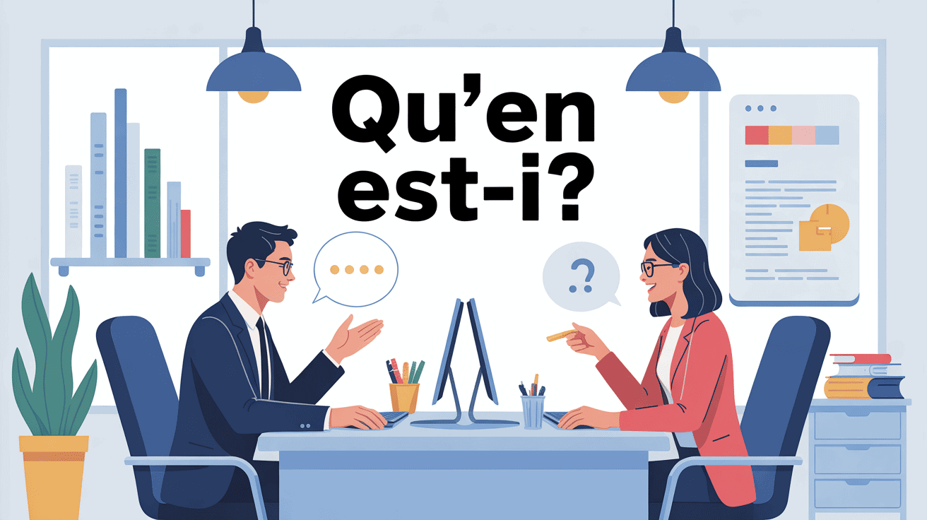 illustration qu'en est il, deux personnes discutent en bureau moderne
