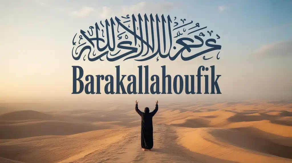 calligraphie barakallahoufik avec symboles de bénédiction et lumière