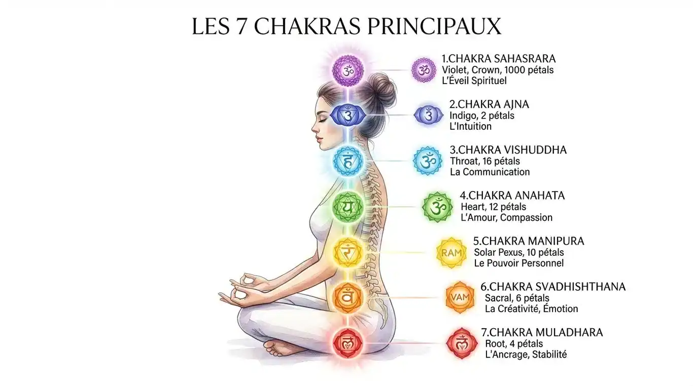 Schéma illustrant les 7 chakras principaux le long de la colonne vertébrale