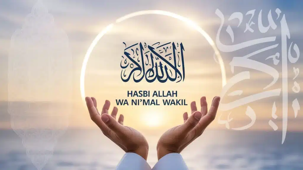 Calligraphie Hasbi Allah wa ni'mal wakil avec mains ouvertes et halo lumineux