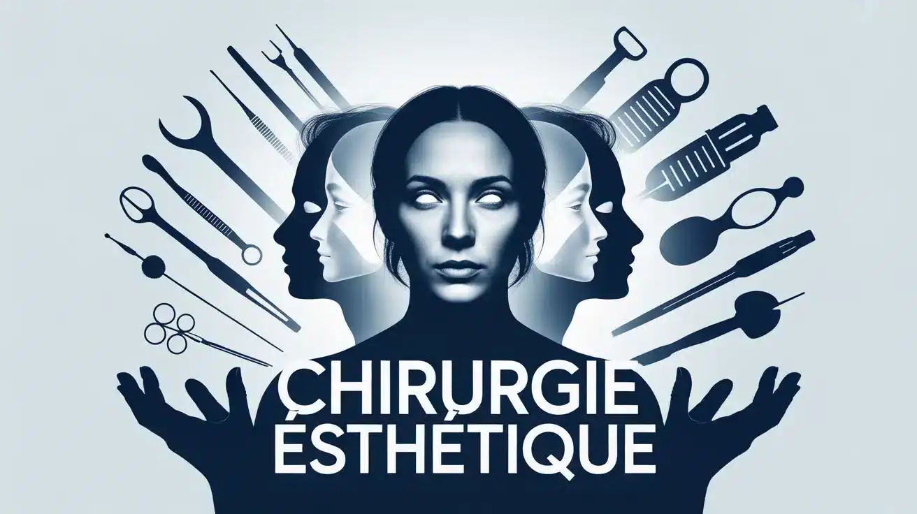 Illustration vectorielle chirurgie esthétique France silhouettes visage et outils médicaux