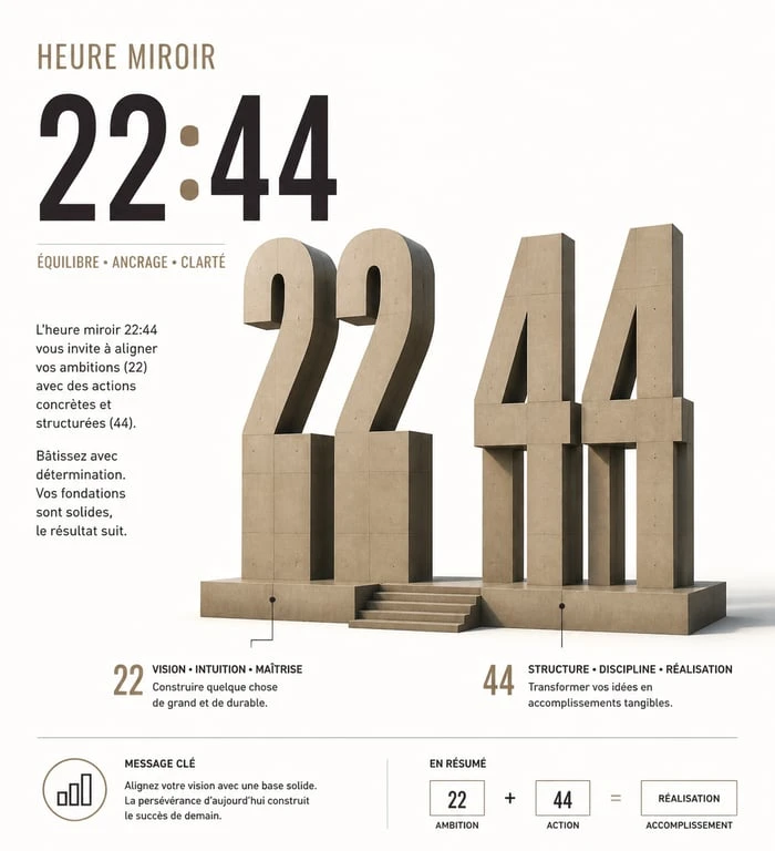 Infographie sur la signification de l'heure miroir 22h44 et sa symbolique numérologique