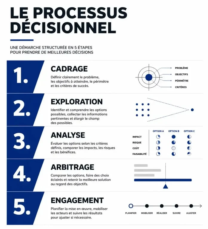 Schéma du processus pour prendre la décision efficacement en cinq étapes clés
