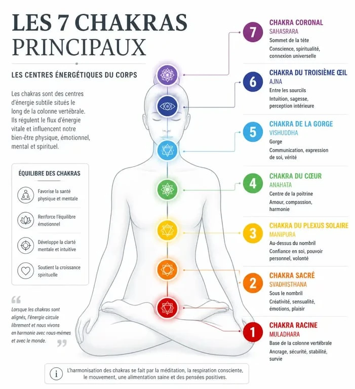 Infographie des 7 chakras et leur couleur pour comprendre la signification et l'équilibrage énergétique