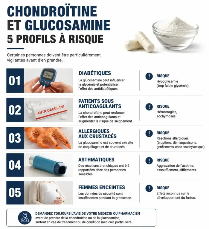 Infographie sur les effets secondaires et risques de la chondroïtine et glucosamine pour les profils à risque