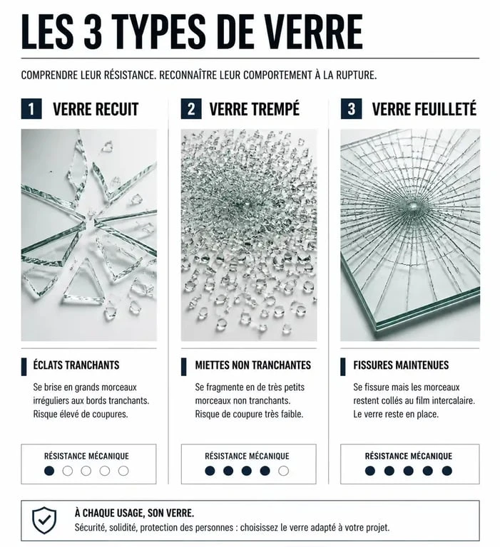 Comparaison visuelle des types de verre et de leur mode de fragmentation lors de la casse
