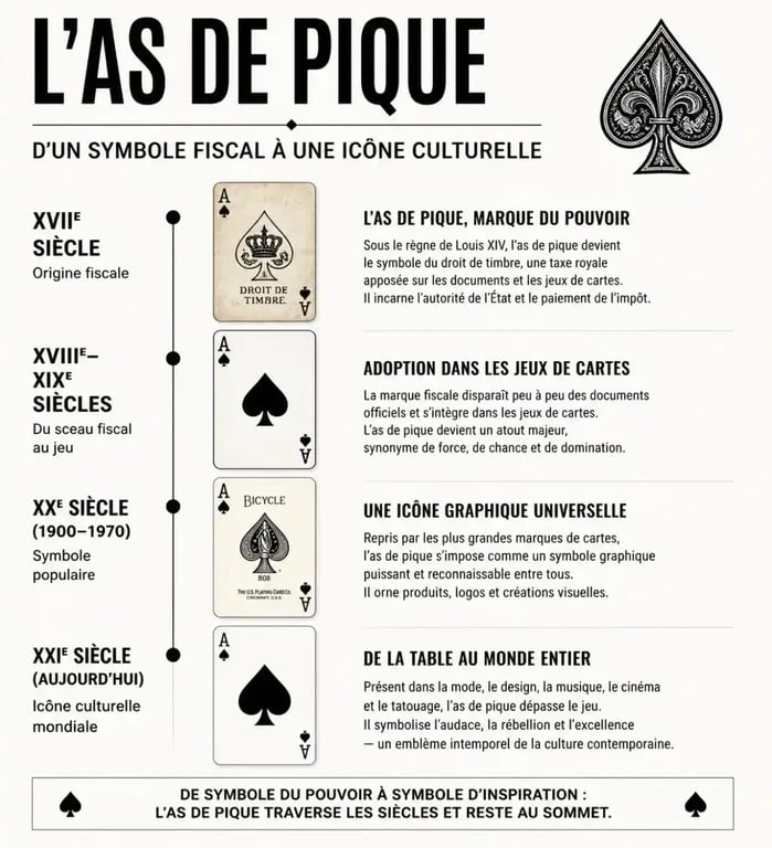 Infographie sur l'histoire et la symbolique de l'as de pique dans les jeux de cartes et la culture