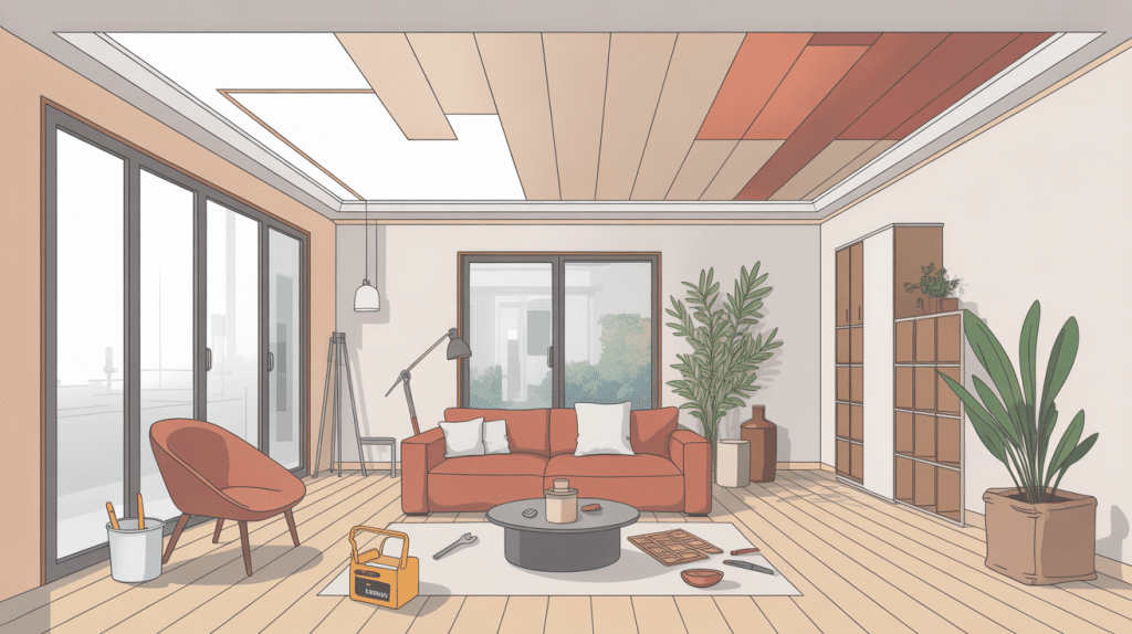 Coller des dalles au plafond rénovation illustration avant après