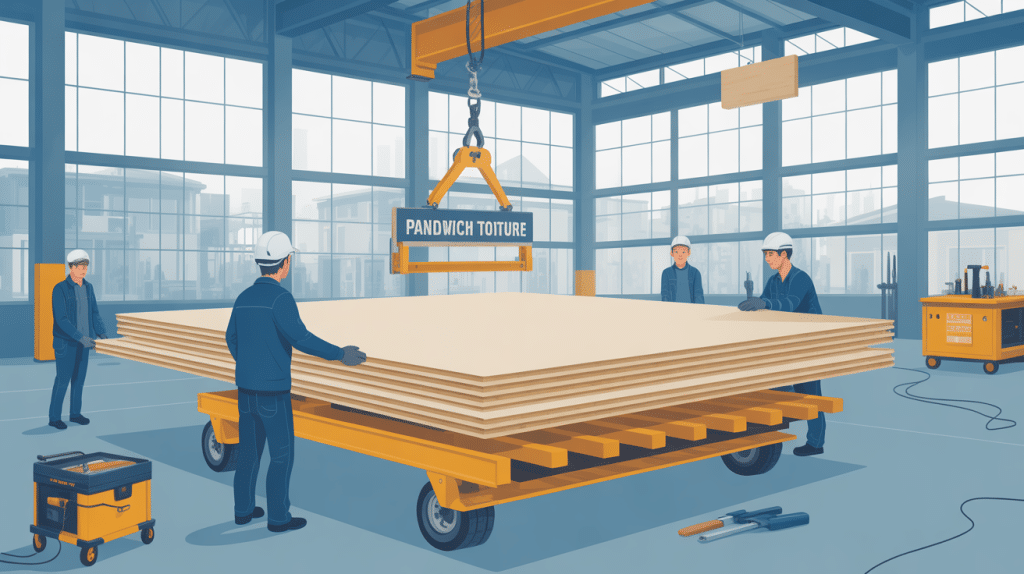 chantier pose panneaux sandwich pour toiture multicouche