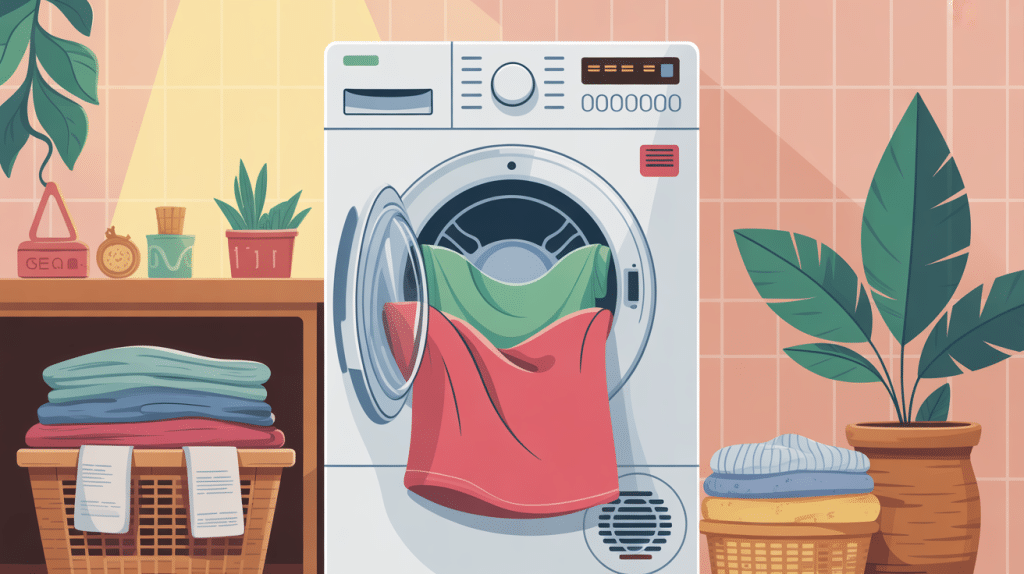 Illustration programme seche linge avec machine et linge plié