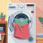 Illustration programme seche linge avec machine et linge plié