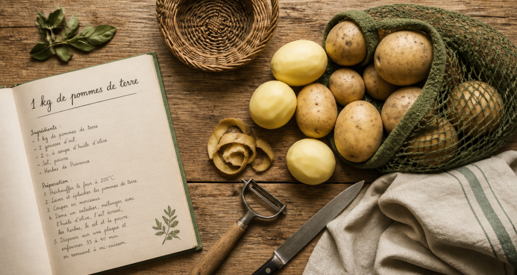 1 kg de pommes de terre épluchées et entières sur plan de travail