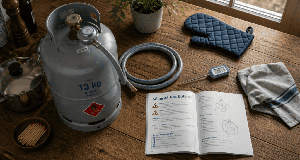 bouteille de gaz gris et accessoires cuisine