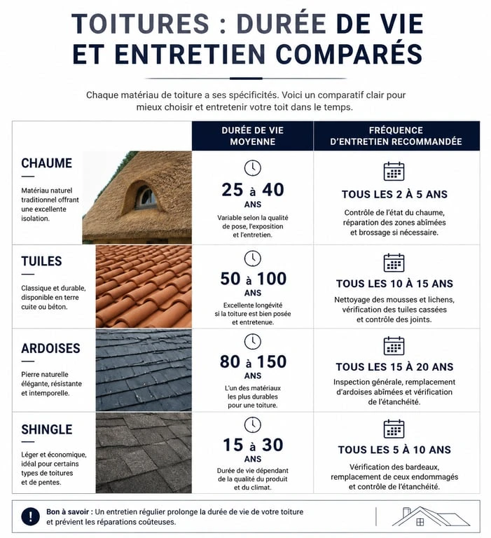Comparatif durée de vie et entretien toiture chaume vs tuile vs ardoise