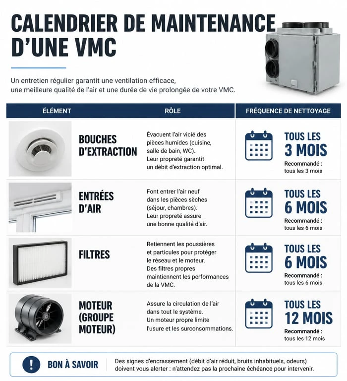 Calendrier de maintenance VMC : fréquences recommandées pour l'entretien de votre ventilation.