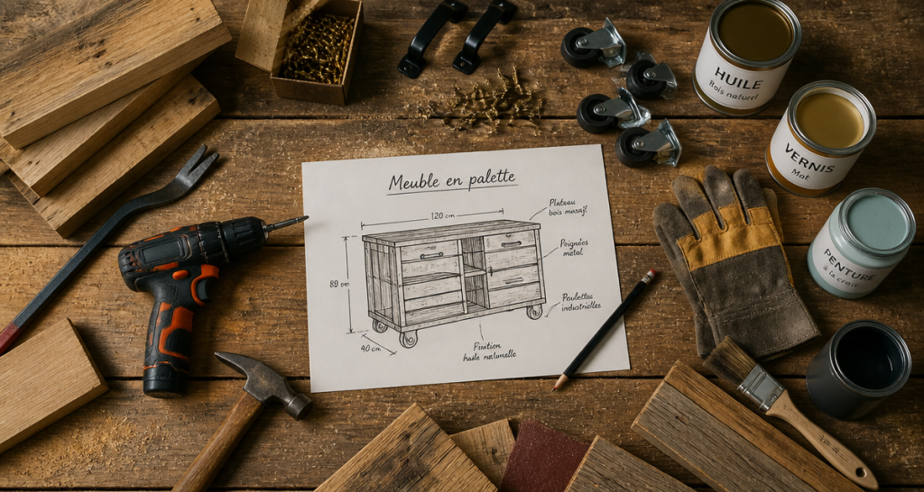 Fabriquer meuble palette, outils et croquis sur établi