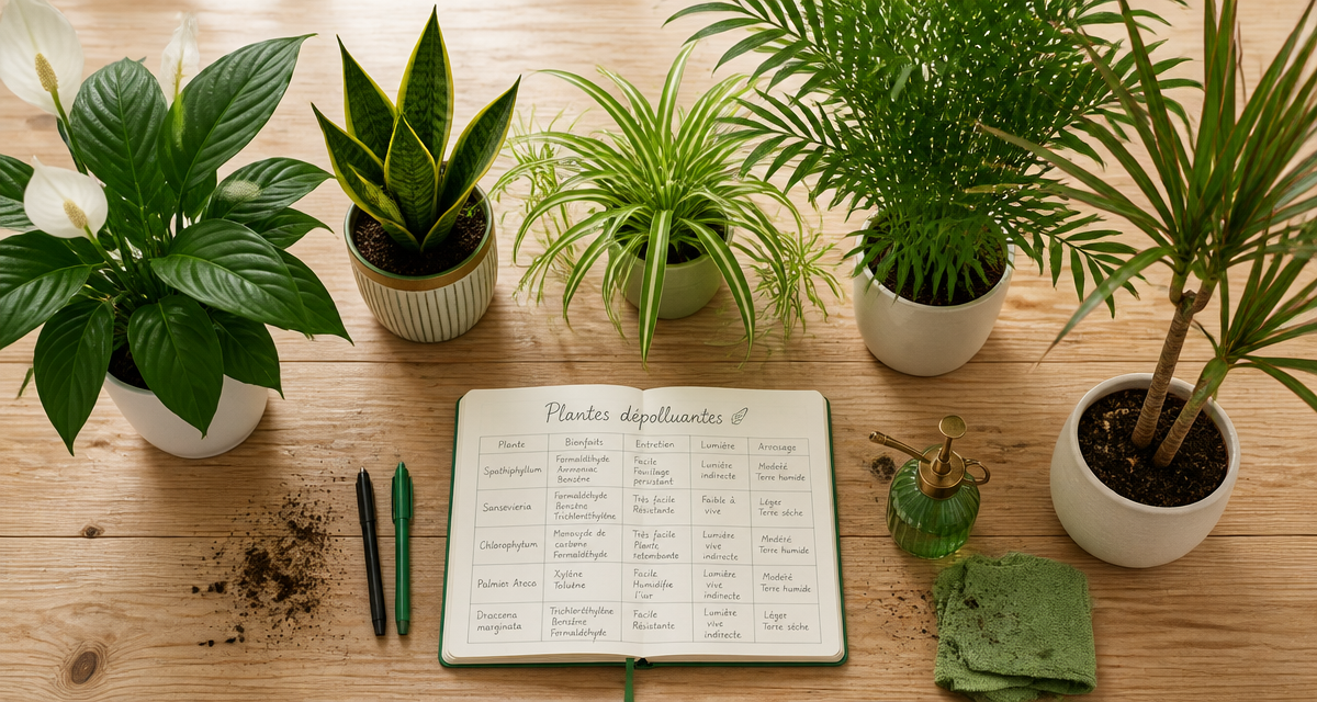 Cinq plantes d'intérieur dépolluante sur table