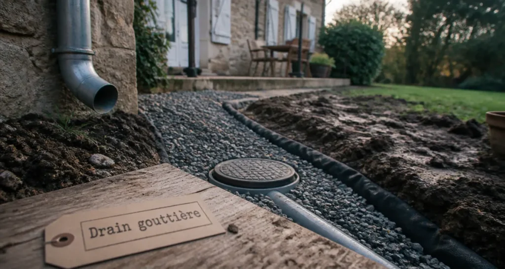 Drainage eau de pluie gouttière : tranchée avec tuyau PVC et regard enterré