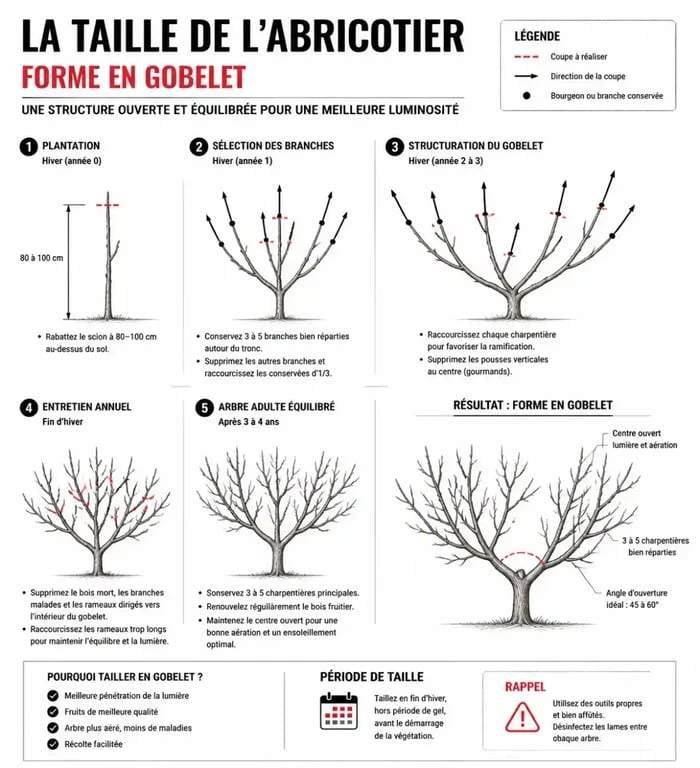 Schéma explicatif des étapes de taille de l'abricotier pour une structure en gobelet