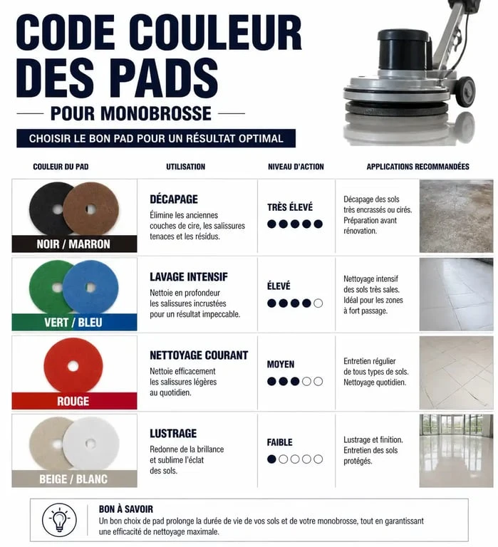 Code couleur des pads pour monobrosse nettoyage professionnel