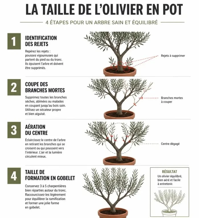 Schéma des étapes pour tailler un olivier en pot