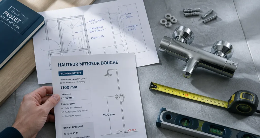 Plan de travail hauteur mitigeur douche, outils et fiche technique