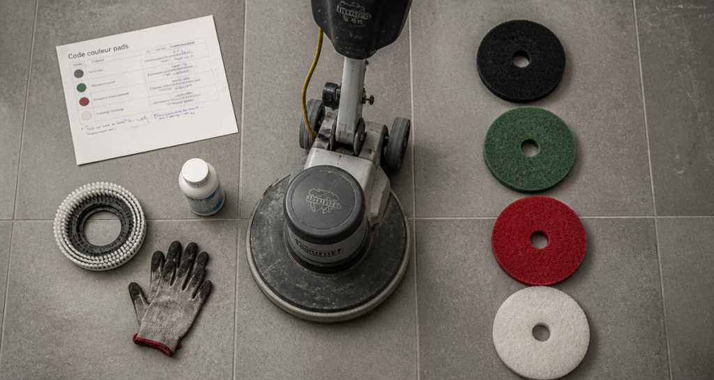 Monobrosse nettoyage avec pads et accessoires sur carrelage