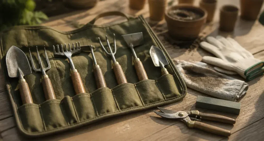 Outils de jardinage liste avec photos : bêche, râteau, grelinette et gants